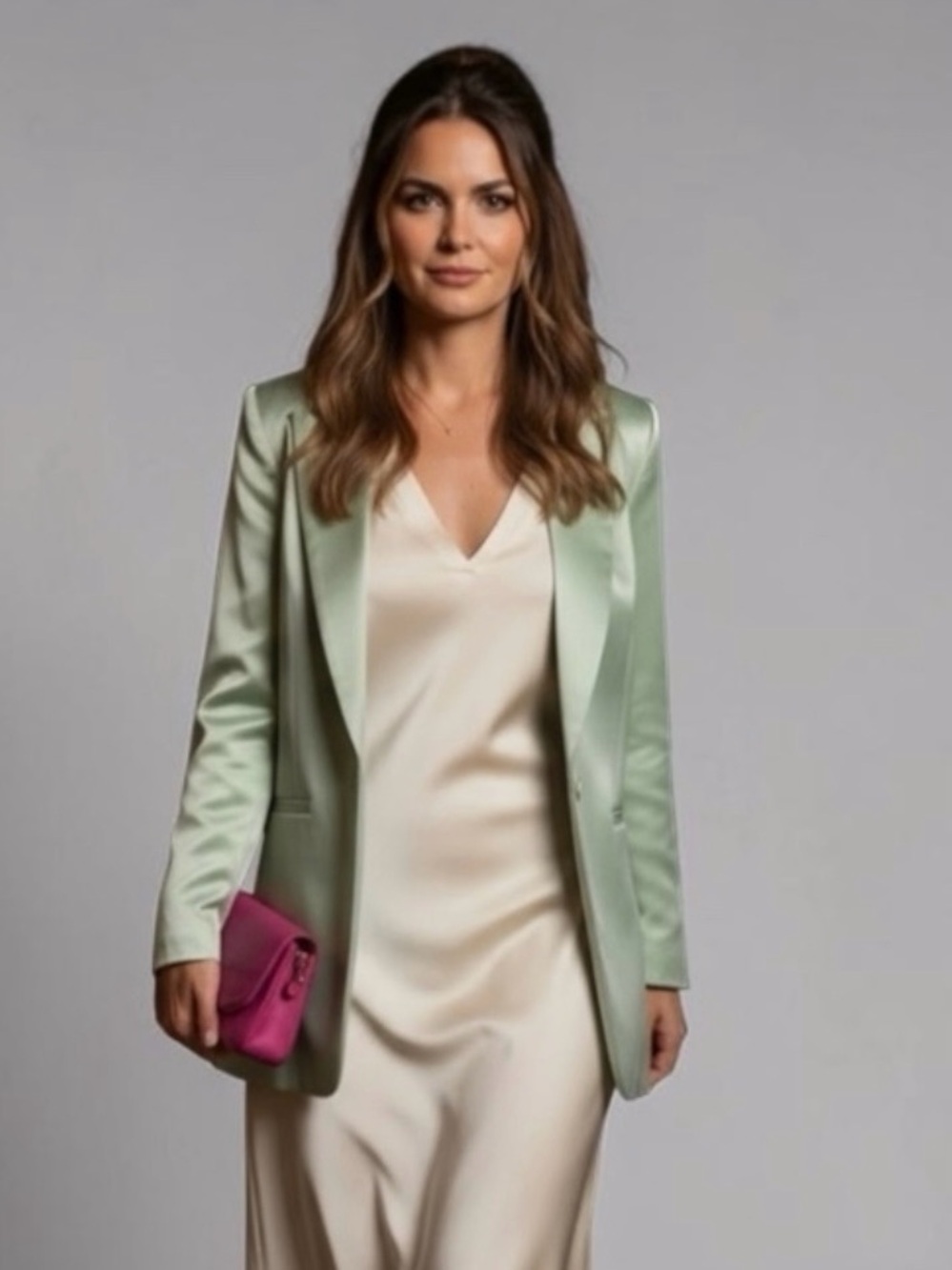 Alice + Olivia Sage Green Longline Blazer Size 8 | Satin Finish | Single Button